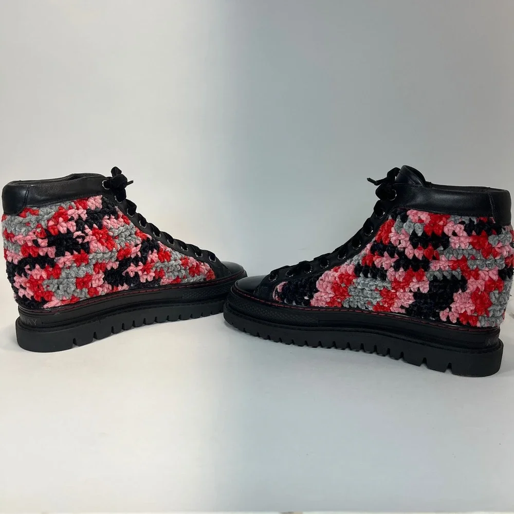Krojay Onyx Crochet Combat Boots, Black Leather Red Pink High Top Size 10